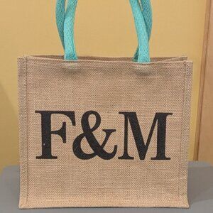 Fortnum & Mason Burlap Tote Bag w/Blue Handles - Like New